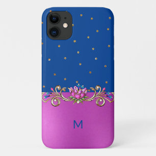 Fuchsia Blue and Gold Jewelled Monogrammed iPhone 11 Case
