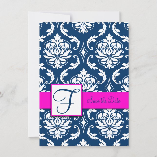 Fuchsia Blue Damask Save the Date Card (Front)