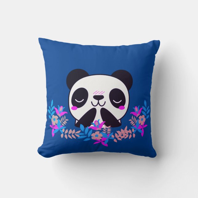 Fuchsia & Blue Floral Panda Bear Throw Pillow (Front)