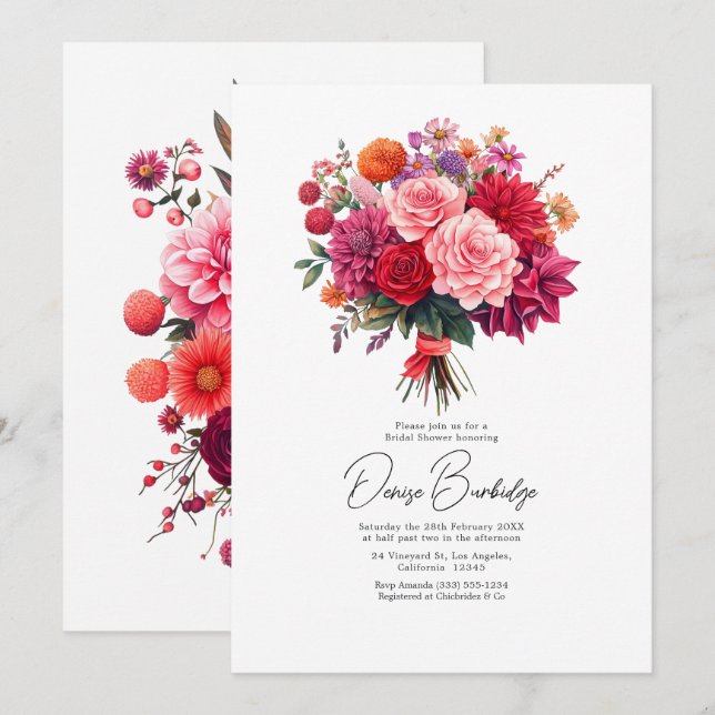 Fuchsia, Blush & Coral Bright Floral Bridal Shower Invitation (Front/Back)