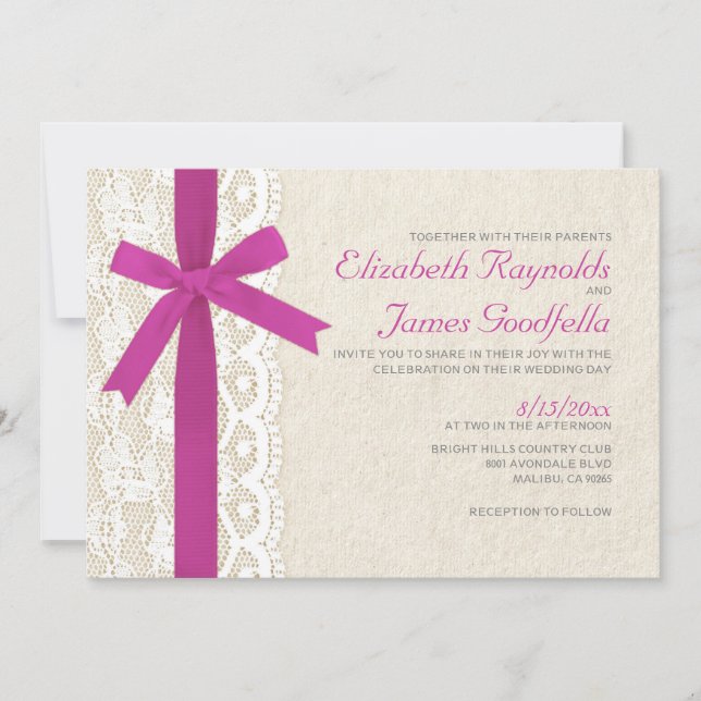 Fuchsia Bow & Lace Wedding Invitations (Front)