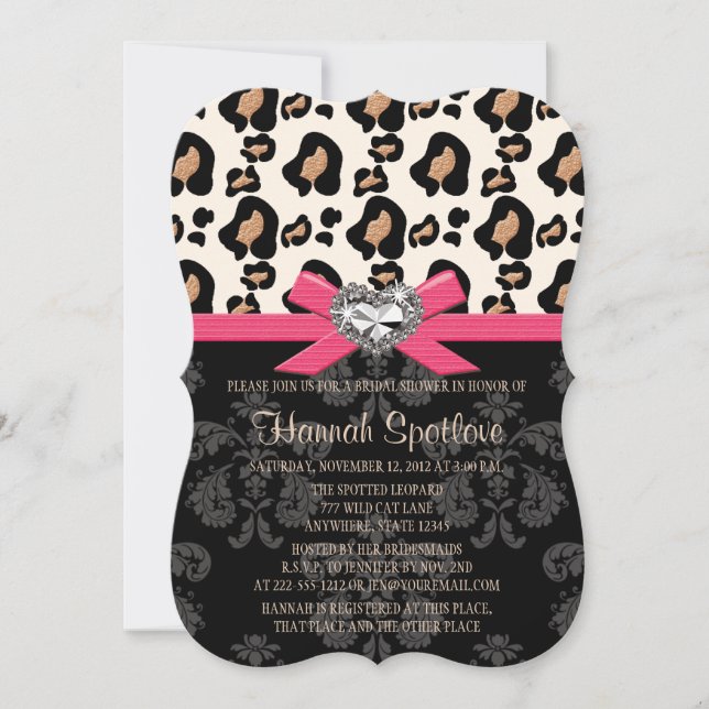 Fuchsia Bow Leopard Print Faux Bling Bridal Shower Invitation (Front)