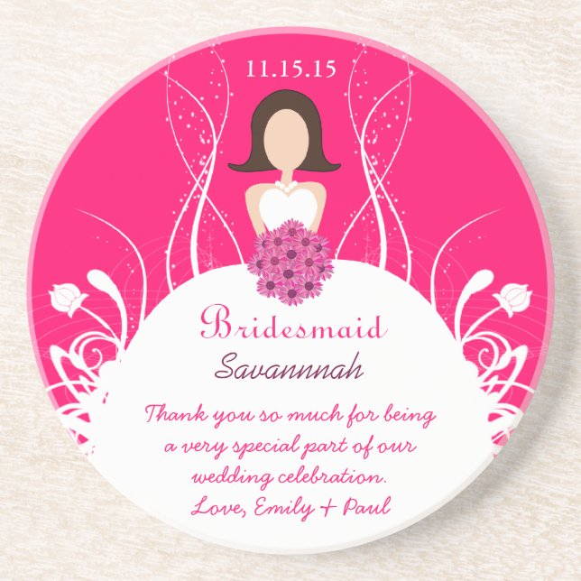 Fuchsia Brunette Bridesmaid Wedding Gown Coasters (Front)