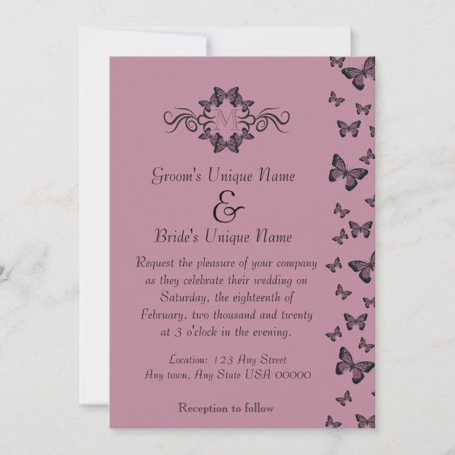 Fuchsia Butterflies Monogram Wedding Invitation (Front)