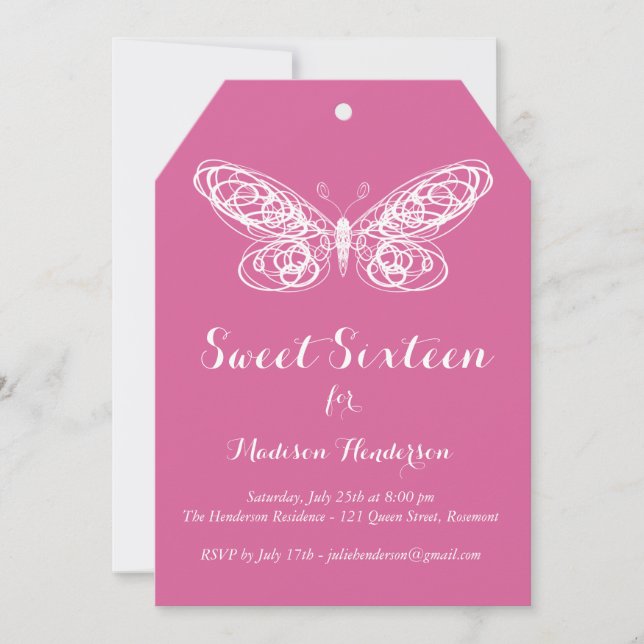 Fuchsia Butterfly Sweet Sixteen Invitation (Front)