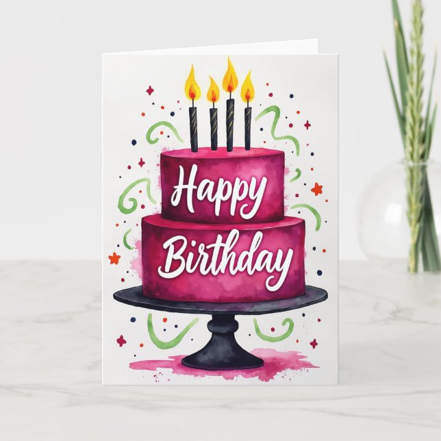 Fuchsia Cake Birthday Card (Front)