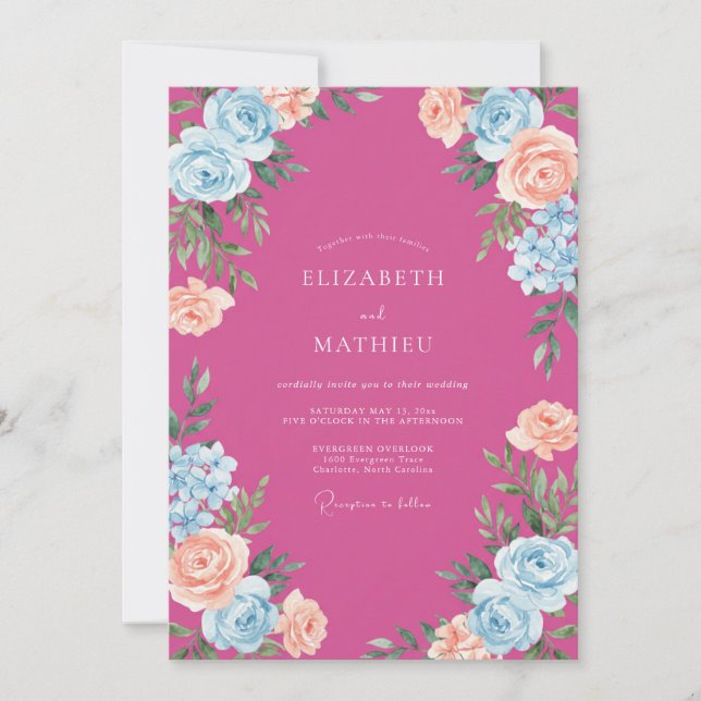 Fuchsia Cerulean Bloom Wedding Invitation (Front)