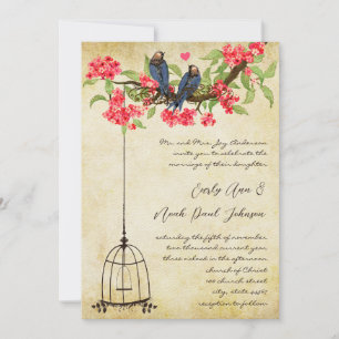 Fuchsia Cherry Blossom Love Birds Birdcage Wedding Invitation