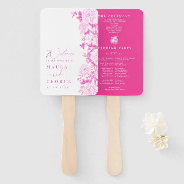 Fuchsia Chinoiserie Floral Garden Wedding Program Hand Fan (Front and Back)