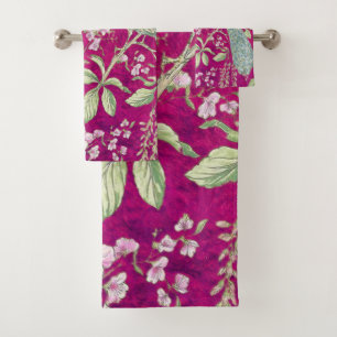 Fuchsia Chinoiserie peacock floral  Bath Towel Set