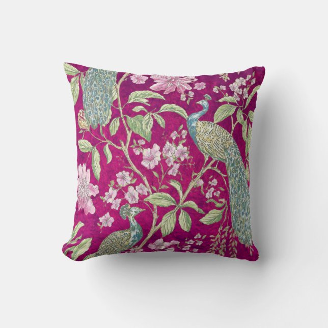 Fuchsia Chinoiserie peacock floral  Cushion (Front)