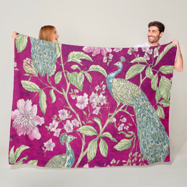 Fuchsia Chinoiserie peacock floral  Fleece Blanket (In Situ)