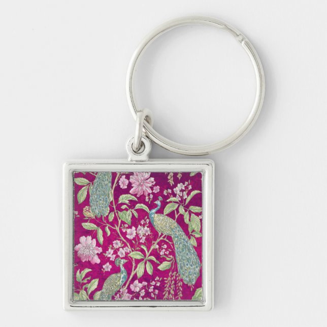 Fuchsia Chinoiserie peacock floral  Key Ring (Front)