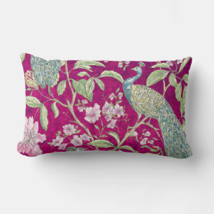 Fuchsia Chinoiserie peacock floral Lumbar Cushion