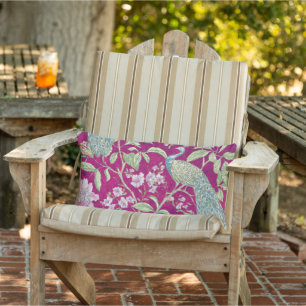 Fuchsia Chinoiserie Peacock Floral Patio Outdoor Lumbar Cushion