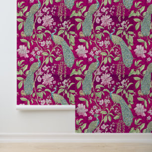 Fuchsia Chinoiserie peacock floral peel and stick  Wallpaper