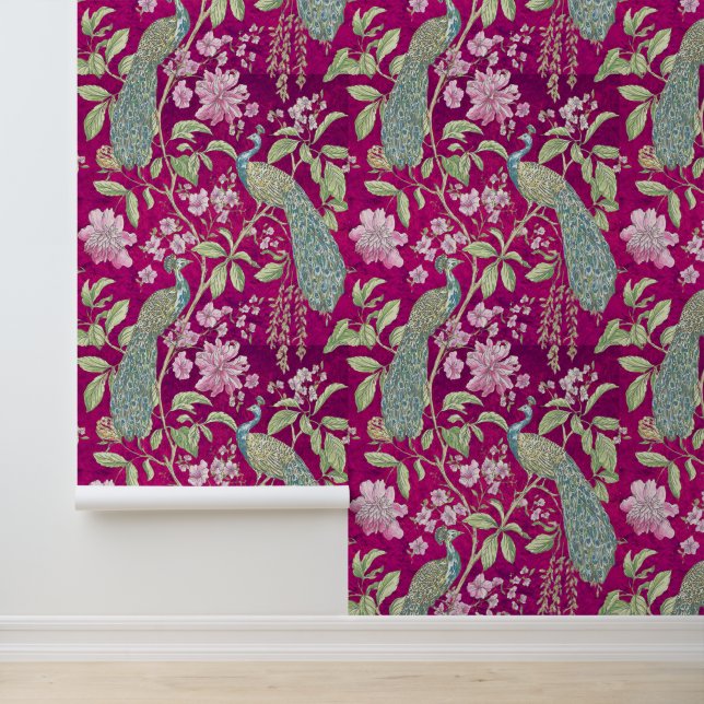 Fuchsia Chinoiserie peacock floral peel and stick  Wallpaper (Application)
