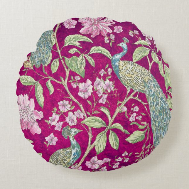 Fuchsia Chinoiserie peacock floral  Round Cushion (Front)