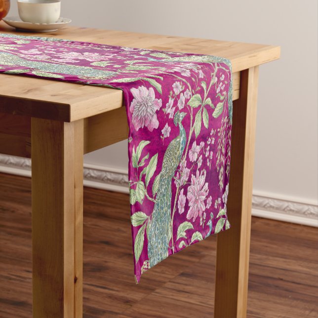 Fuchsia Chinoiserie peacock floral  Short Table Runner (In Situ)