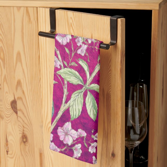 Fuchsia Chinoiserie peacock floral  Tea Towel (Thirds Fold)