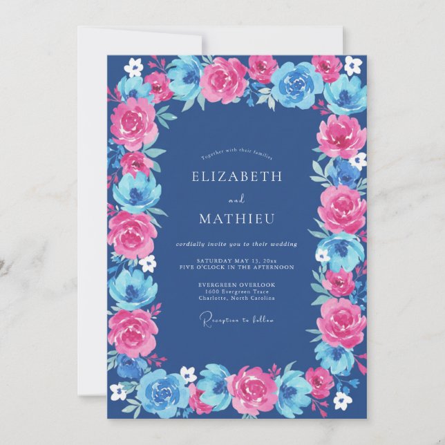 Fuchsia Cobalt Ranunculus Eucalyptus Wedding Invitation (Front)