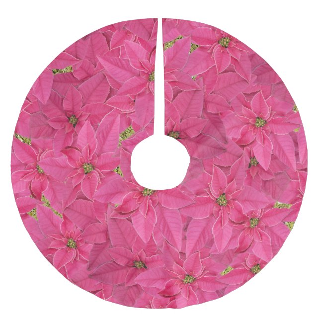 Fuchsia coloured poinsettias, floral pattern brushed polyester tree skirt (Front)