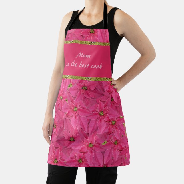Fuchsia coloured poinsettias, floral pattern custo apron (Insitu)