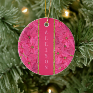 Fuchsia coloured poinsettias, floral pattern custo ceramic ornament
