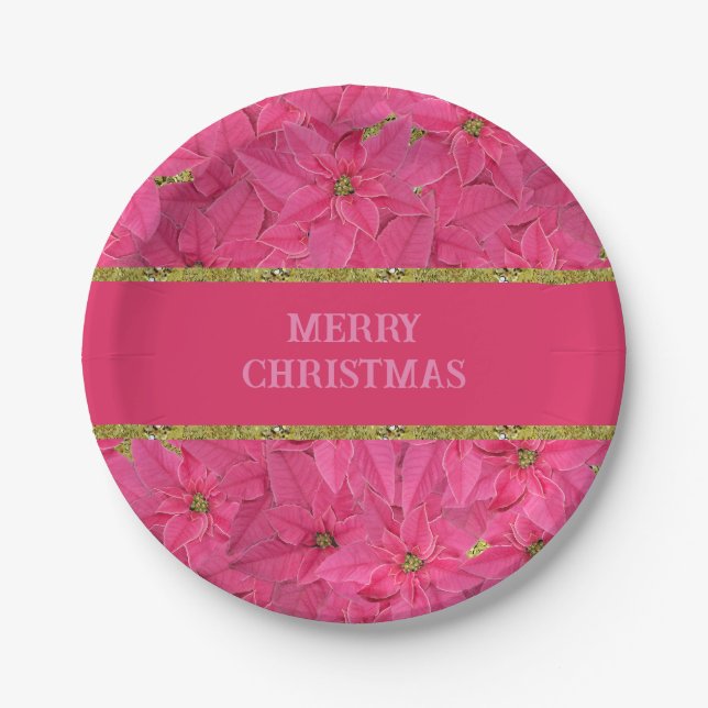 Fuchsia coloured poinsettias, floral pattern custo paper plate (Front)