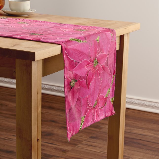 Fuchsia coloured poinsettias, floral pattern short table runner (In Situ)