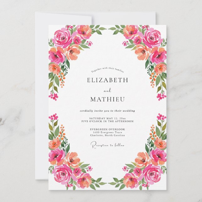 Fuchsia Coral Peony Wedding Invitation (Front)