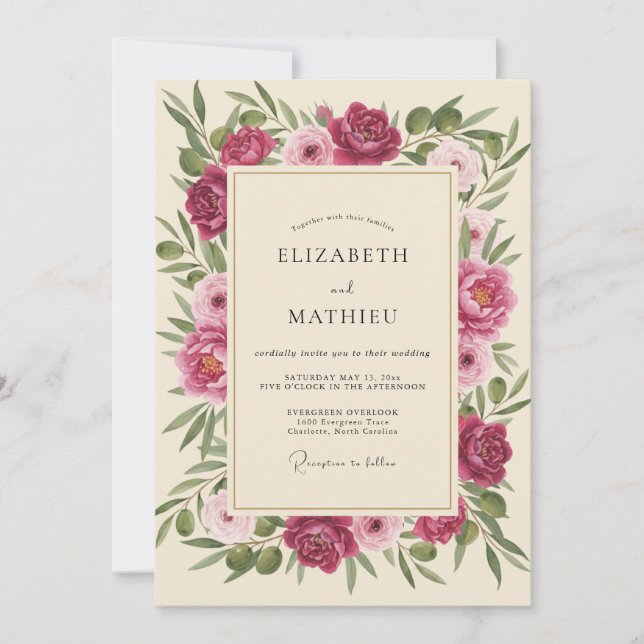Fuchsia Cream Blossom Wedding Invitation (Front)