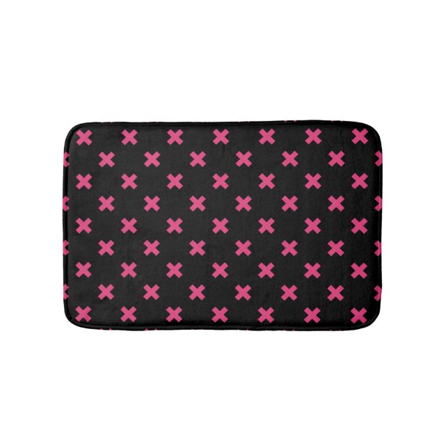 Fuchsia cross stitches on black bath mat (Front)