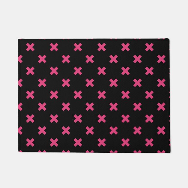 Fuchsia cross stitches on black doormat (Front)