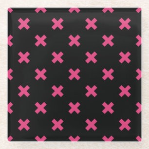 Fuchsia cross stitches on black glass coaster