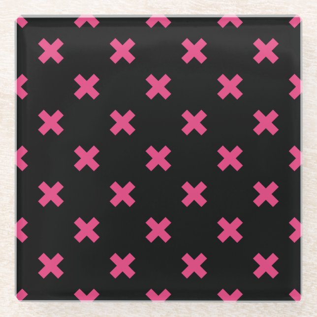 Fuchsia cross stitches on black glass coaster (Front)