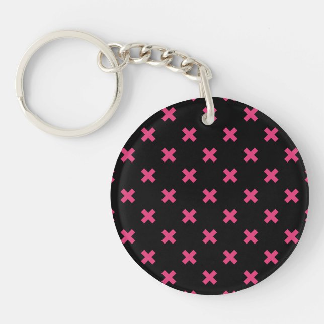 Fuchsia cross stitches on black key ring (Front)