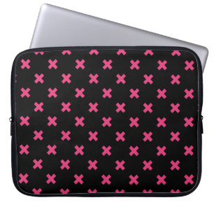 Fuchsia cross stitches on black laptop sleeve