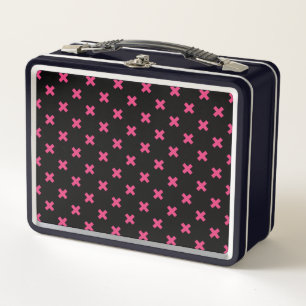 Fuchsia cross stitches on black metal lunch box