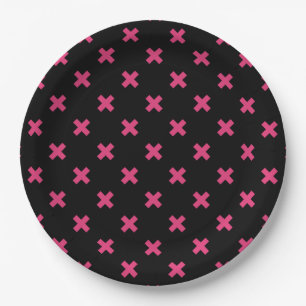 Fuchsia cross stitches on black paper plate