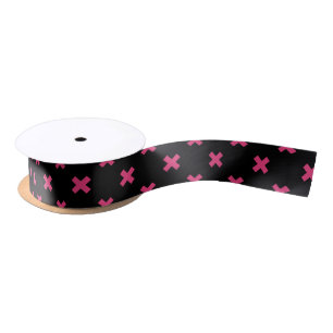 Fuchsia cross stitches on black satin ribbon