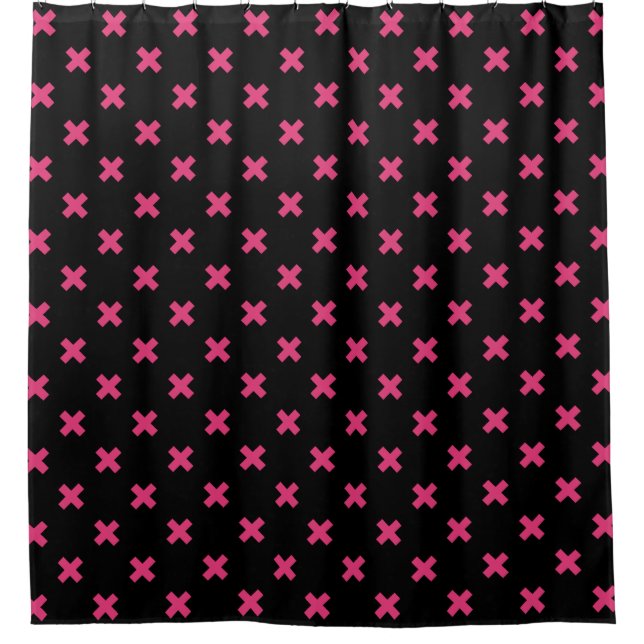 Fuchsia cross stitches on black shower curtain (Front)