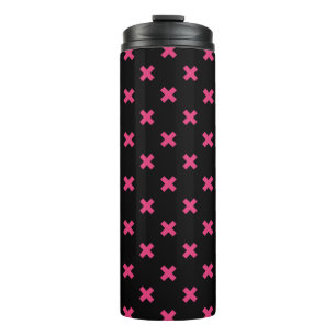 Fuchsia cross stitches on black thermal tumbler