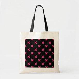 Fuchsia cross stitches on black tote bag
