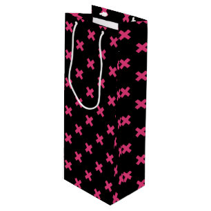 Fuchsia cross stitches on black wine gift bag