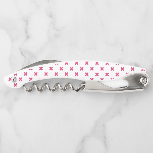 Fuchsia cross stitches on white corkscrew (Back)
