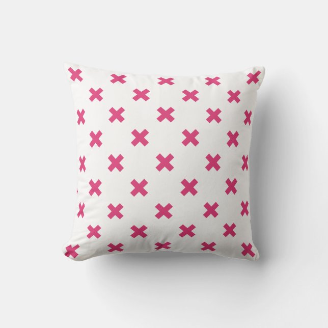Fuchsia cross stitches on white cushion (Front)