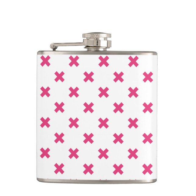 Fuchsia cross stitches on white hip flask (Front)