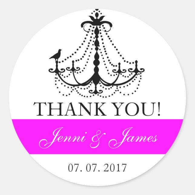 Fuchsia Cute Chandelier Wedding Favour Thank You Classic Round Sticker (Front)