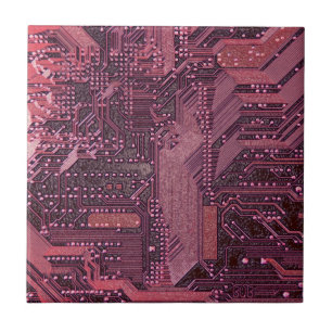 Fuchsia Cyber Circuit Board Tech Art Electronics Ceramic Tile